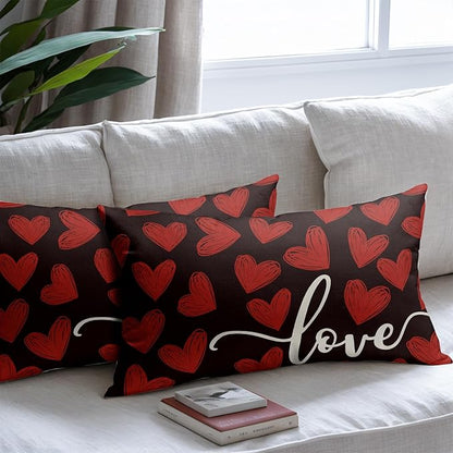 Valentines Day Pillow Covers 12x20 Set of 2 Black Heart Throw Pillow Covers Love Pillowcase Linen Decoration Farmhouse Holiday Cozy Soft Cushion Case Couch for Indoor Outdoor Home Decor