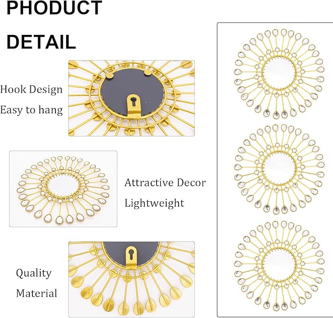 Gold Mirrors - Sunburst Christmas Wall Art, Decorative Round Mirrors for Christmas Bedroom, Living Room, Bathroom, Kitchen, Entryway, Hallway - Set of 3