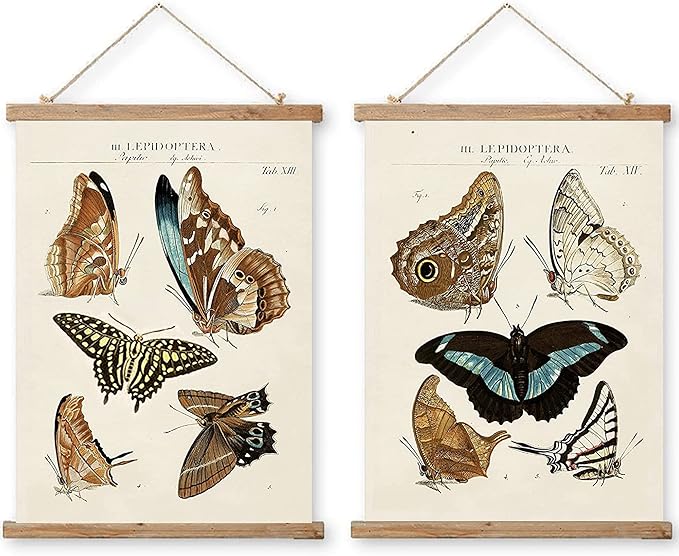 Vintage Butterfly Hanging Posters, Retro Style of Wall Art Prints, Printed on Linen with Wood Frames, Ready to Hang