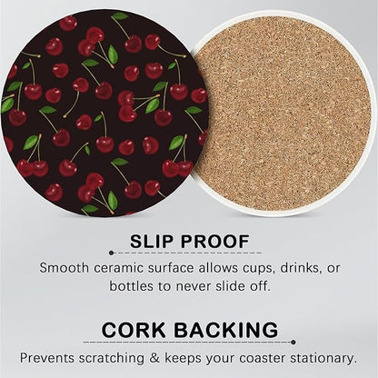 Summer Fruits Set of 6 Coasters for Drinks Absorbing Round Ceramic Stone Coaster with Cork Base,Tabletop Protection Mat for Mugs and Cups,Office,Kitchen