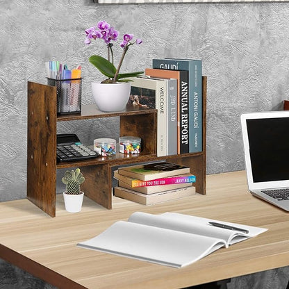 Sorfity Expandable Wood Desktop Bookshelf Desktop Organizer Office Storage Rack Wood Display Shelf, Counter Storage Rack Top Bookcase - Freestyle Display Natural Stand Office Supplies Desk Organizer