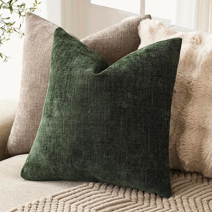 Foindtower Pack of 2 Soft Textured Chenille Throw Decorative Pillow Covers Square Accent Solid Cushion Cover Neutral Farmhouse Pillow Case for Couch Sofa Bedroom Living Room 26x26 Inch,Dark Green