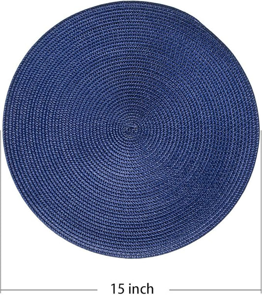 AHHFSMEI Round Braided Placemats 15 Inch Round Table Mats for Dining Tables Natural Woven Heat Resistant Place mats Set of 6 (Navy Blue)