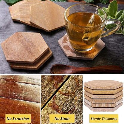 Sandstone Water Absorbent Hand Crafted Hexagon Coasters for Drinks - 4 Inches Wide Thirsty Stone Bar/Drink Coasters- Made from Rainbow Sandstone (Set of 6 Without Holder)