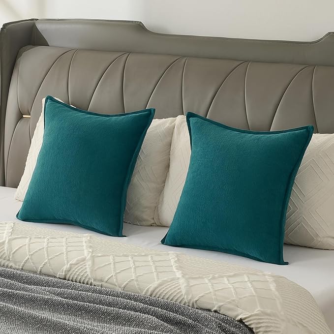 FUTEI Teal Chenille Throw Pillow Covers 20x20 Inch Set of 2,Edges Double-Stitched Cushion Cases,Modern Home Decor for Couch Living Room