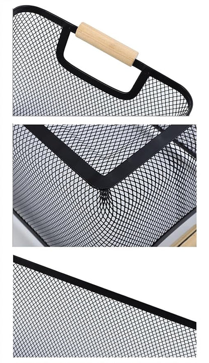 Metal Mesh Steel Basket, Small Wire Storage Organizer Basket Multi-function Hanging Kitchen Basket with Wood Handle for Kitchen Bathroom Picnic Home, Rectangle-Black