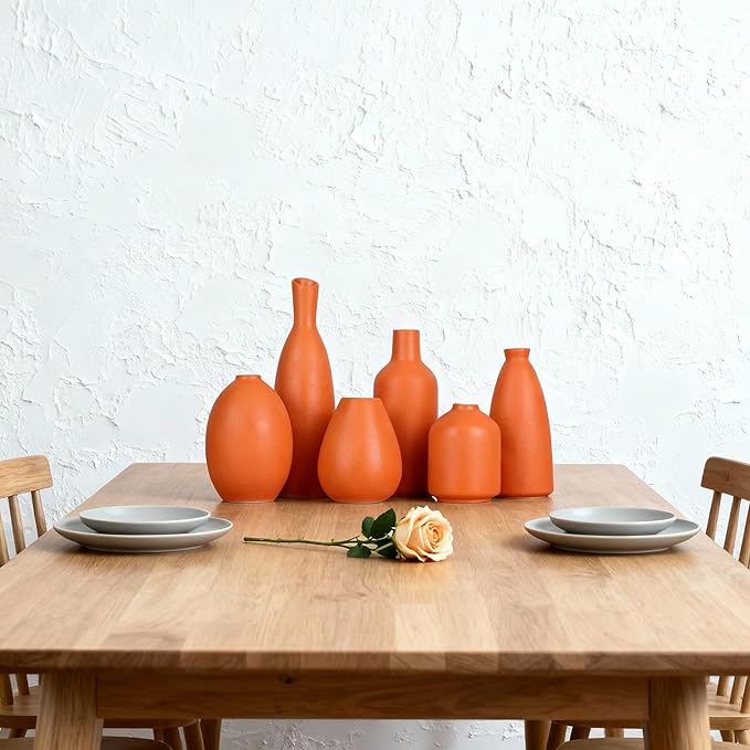 Orange Ceramic Bud Vases Set of 6, Modern Boho Home Décor for Living Room, Shelf, Mantle & Fireplace, 3.7″–7.6″ Matte Minimalist Vases for Kitchen, Bathroom, Office, Small Flower Vases, Gift Ready