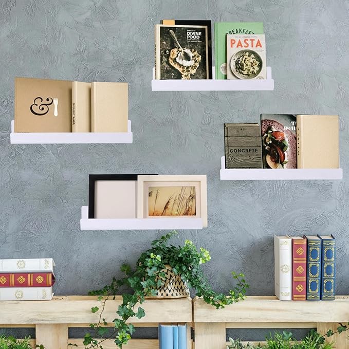 Blulu 8 Packs 14 Inch Acrylic Floating Shelf Wall Mounted Invisible Acrylic Shelf Ledge Floating Bookshelf for Living Room Office Bedroom Bathroom Kitchen Decoration Space Save (White)