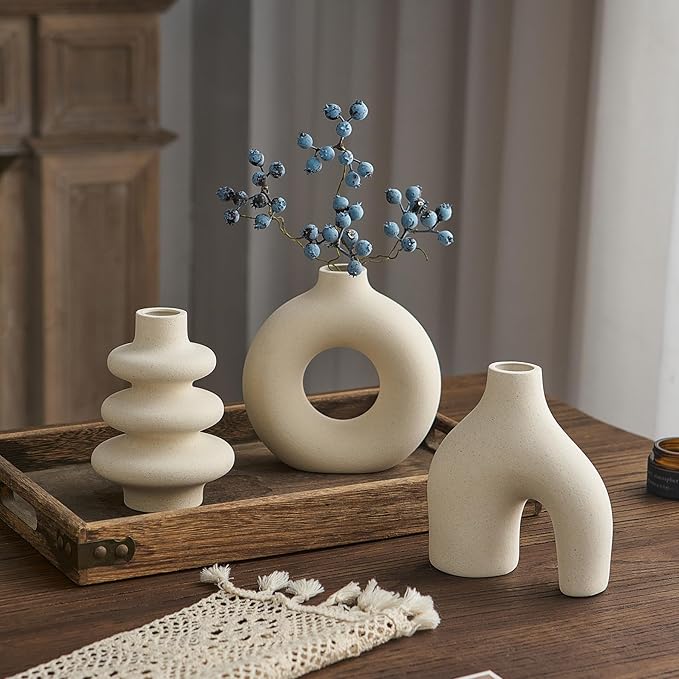White Ceramic Vase Set of 3, Small Flower Vases for Pampas Grass, Modern Boho Vase for Decor, Round White Vases Centerpieces for Wedding Living Room Bedroom Coffee Table Dinner Table