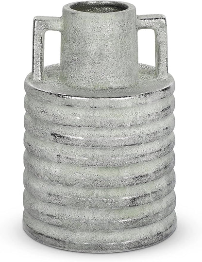 Hollyone Large Vintage Ceramic Vase with 2 Handles, 9.1" Tall Silver-Toned Antique Rustic Decorative Floral Grey Vases for Flowers Home Table Centerpiece Shelf Living Room Entryway Farmhouse Decor