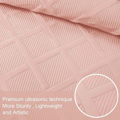Exclusivo Mezcla Quilts Queen Size - Blush Pink Quilt Set Bedspread with 2 Pillow Shams, Modern Bedding Set with Striped Pattern, Soft Lightweight Bedspreads Queen Size for All Seasons