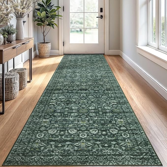 Runner Rug 2.6x10, Dark Green Washable Long Hallway Rug Runner Non-Slip Soft Kitchen Runner Thin Printed Faux Wool Super Soft Carpet for Entryway Bedroom Laundry Room Indoor Home Decor