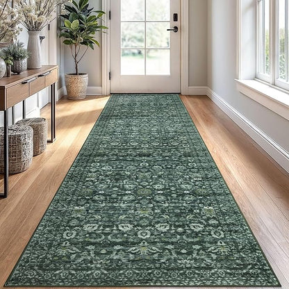 Runner Rug 2.6x10, Dark Green Washable Long Hallway Rug Runner Non-Slip Soft Kitchen Runner Thin Printed Faux Wool Super Soft Carpet for Entryway Bedroom Laundry Room Indoor Home Decor