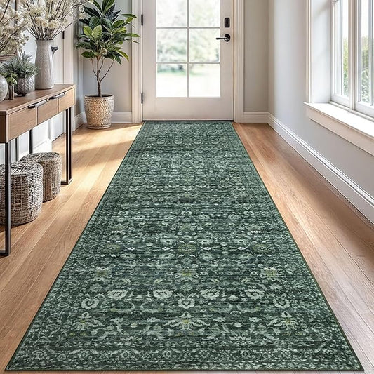 Runner Rug 2.6x10, Dark Green Washable Long Hallway Rug Runner Non-Slip Soft Kitchen Runner Thin Printed Faux Wool Super Soft Carpet for Entryway Bedroom Laundry Room Indoor Home Decor