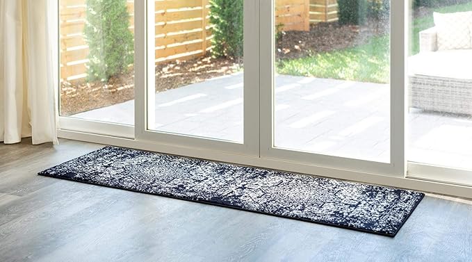 Rugs.com Arlington Collection Rug – 12 Ft Runner Navy Blue Medium-Pile Rug Perfect for Hallways, Entryways