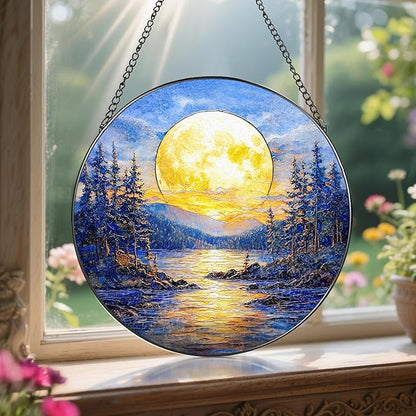 8'' Full Moon Over Forest Lake Suncatcher Ornament, Stained Glass Window Hanging, Sun Catchers for Windows Hanging Ornaments, Window Decor | Gifts for Christmas, Birthday, Father's Day