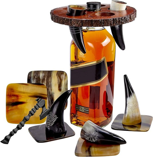 Viking Culture Viking Horn Drinking Cup Shot Glasses with Vintage Axe Bottle Opener, Coasters, and Rustic Wood Display Stand, Toasting Vessels for Party, Event, Bachelors