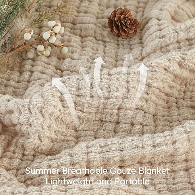 Yoofoss Muslin Blanket 100% Organic Cotton Throw Large 90" x 90" for Bed Couch Summer Gauze Blanket for Adults Lightweight and Breathable Apricot White