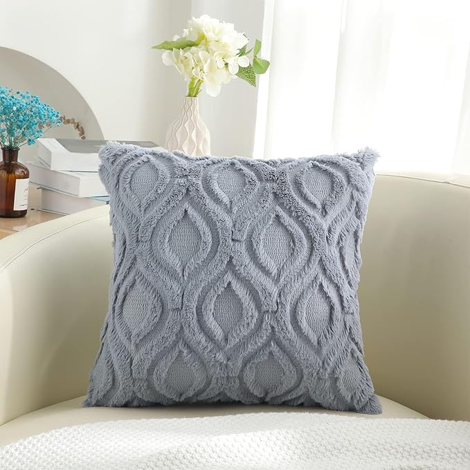 decorUhome Spring Euro Sham Throw Pillow Covers 24x24 Inch Set of 2, Soft Plush Faux Wool Blue Grey Solid Couch Pillow Covers, Accent Farmhouse Neutral Square Pillow Cases for Sofa Bed Living Room