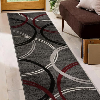 Rugshop Modern Wavy Circles Design Non-Shedding Runner Rug, Carpet for Hallway or Kitchen, Red, 2' x 10'