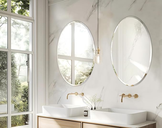 Frameless Oval Wall Mirror: Decorative Elliptical Mirrored Glass Vanity with Beveled Silver Edge for Bathroom Bedroom Livingroom Dining Room Entryway Hallway, 28 x 20 inch