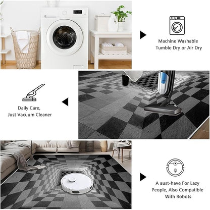 3D Rug 6x9, Plaid Soft Ultra Soft Faux Wool Low Pile Optical Illusion Rug, Indoor Floor Mats Abstract Geometric Carpet, Non-Slip Stain Resistant Washable Rugs, Modern Gray Rugs for Living Room