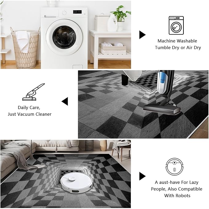 3D Rug 7x9, Plaid Soft Ultra Soft Faux Wool Low Pile Optical Illusion Rug, Indoor Floor Mats Abstract Geometric Carpet, Non-Slip Stain Resistant Washable Rugs, Modern Gray Rugs for Living Room