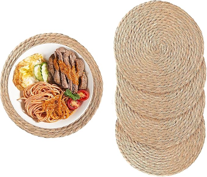 Woven Placemats Set of 4, 10 Inch Medium Rattan Placemats Wicker Place Mats,Natural Farmhouse Jute Braided Table Runner for Kitchen Countertops, Housewarming Gift,Table, Home Decor(10 Inch)