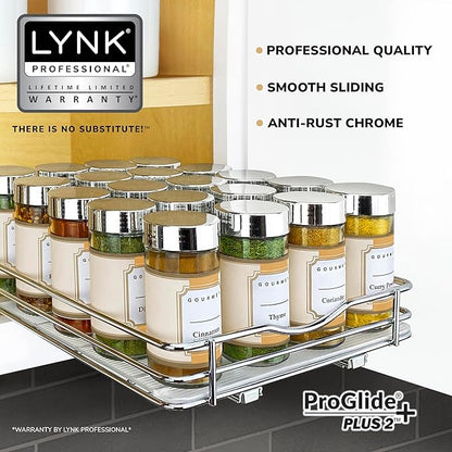 LYNK PROFESSIONAL® Pull Out Spice Rack Organizer for Inside Kitchen Cabinets - 8-3/8 inch Wide - Slide Out Drawer – Chrome Sliding Spice Cabinet Organization Shelf Racks - 1 Tier