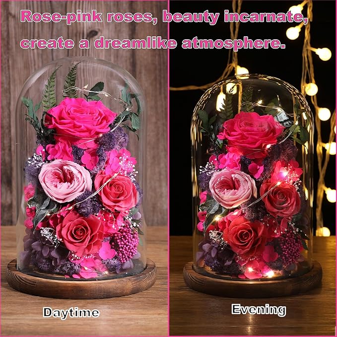 Flowers for Delivery Preserved Flowers Rose in Glass Dome,Reddish Rose Forever Flowers Birthday Gifts for Women Mom Grandma Friend Gifts for Her,Home Decor