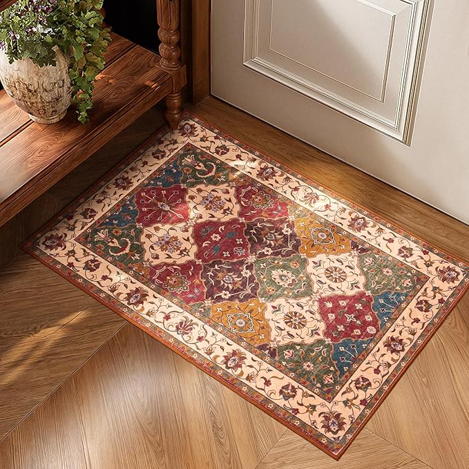 Lessymo Moroccan Washable Rugs for Entryway, Polyester 2x3 Small Area Rug for Kitchen Bathroom Corridor - Non-Slip Indoor Door Mat Low Plie Stain Resistant Boho Runner Rug, Classic Red and Cream