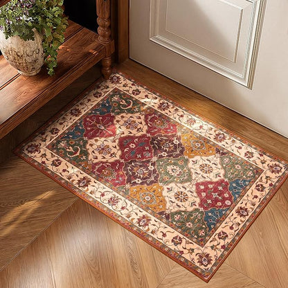 Lessymo Moroccan Washable Rugs for Entryway, Polyester 2x3 Small Area Rug for Kitchen Bathroom Corridor - Non-Slip Indoor Door Mat Low Plie Stain Resistant Boho Runner Rug, Classic Red and Cream