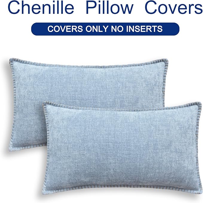CaliTime Throw Pillow Covers Decorative 12 X 20 Inches Pack of 2 Cotton Thread Stitching Edges Solid Dyed Soft Chenille Cushion Cases for Couch Sofa Bed Living Room Farmhouse Baby Blue