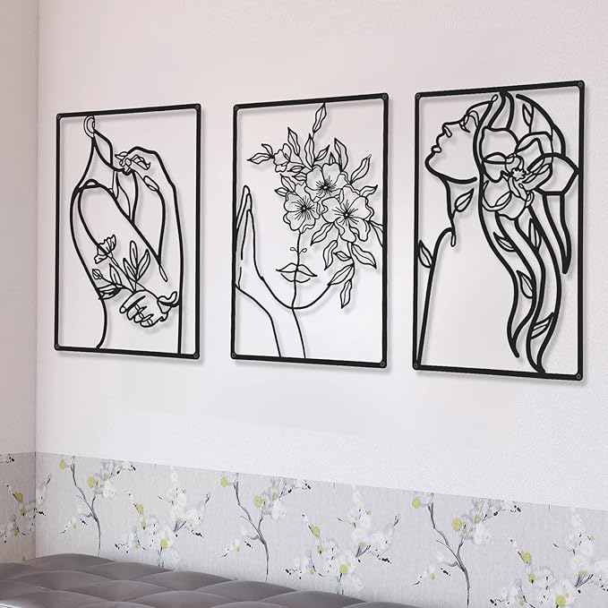 CHENGU 3 Pieces Metal Minimalist Abstract Woman Wall Art Line Drawing Wall Art Decor Single Line Female Home Hanging for Kitchen Bathroom Living Room