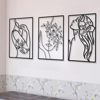 CHENGU 3 Pieces Metal Minimalist Abstract Woman Wall Art Line Drawing Wall Art Decor Single Line Female Home Hanging for Kitchen Bathroom Living Room