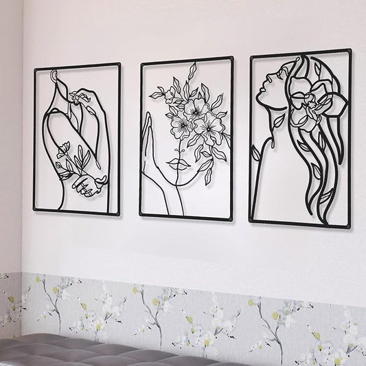CHENGU 3 Pieces Metal Minimalist Abstract Woman Wall Art Line Drawing Wall Art Decor Single Line Female Home Hanging for Kitchen Bathroom Living Room