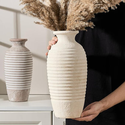 Ceramic Natural Rustic Vase, 14.4 Inch Large Vintage Flower Threaded Decorative Farmhouse Tall Vase for Home Decor, Living Room, Shelf Decor, Wedding, Housewarming Gift, Off-White