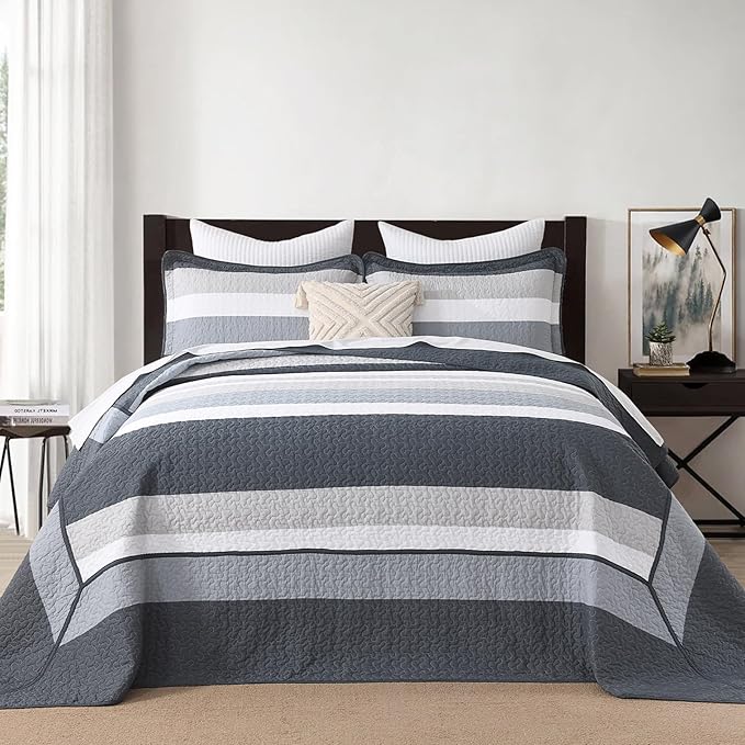 SahSahCasa 128"x120" 100% Cotton Oversized California King Bedspread Coverlet Striped Quilt Set, Cal King Quilted Bedspread Extra Large Quilt, XL Bed Spread Lightweight Comforter, Dark Slate Gray