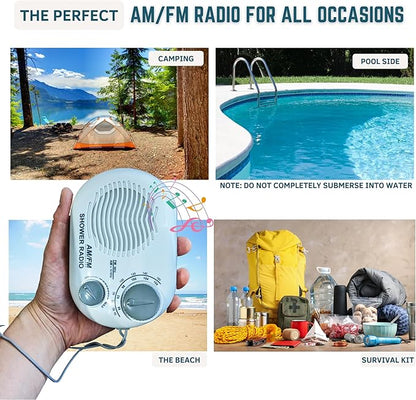Shower Radio - Includes Carrying or Hanging Strap. Portable Design Perfect for Bathroom, Kitchen, and Outdoor. Built in Speaker, Battery Operated Radio
