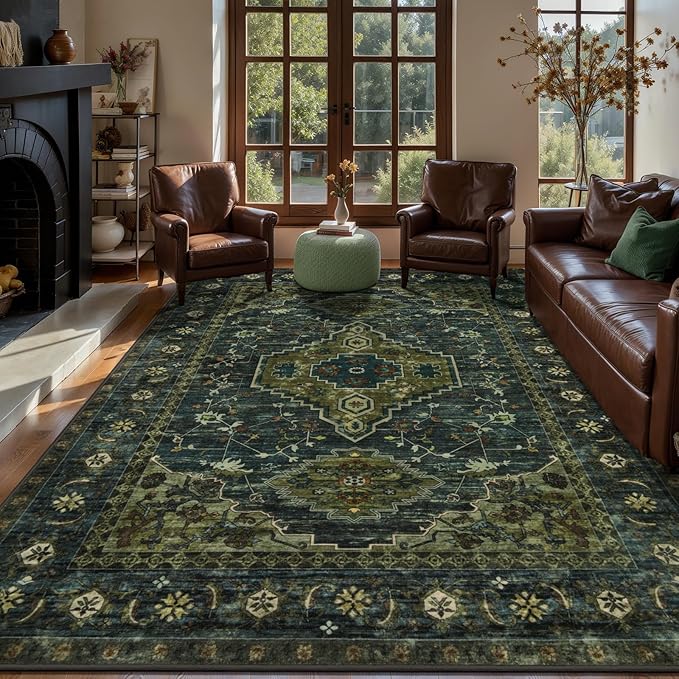 Tangsoo 8x10 Area Rugs for Living Room, Washable Rugs Oriental Vintage Indoor Non Slip Large Area Rugs, Print Carpet, Soft Low Pile Rug Foldable Floor Rug for Bedroom Dining Room Dorm Olive Green