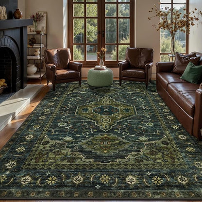 Tangsoo 8x10 Area Rugs for Living Room, Washable Rugs Oriental Vintage Indoor Non Slip Large Area Rugs, Print Carpet, Soft Low Pile Rug Foldable Floor Rug for Bedroom Dining Room Dorm Olive Green