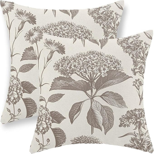 Tan Khaki Pillow Covers 18x18 Set of 2 Vintage Boho Floral Hydrangea Herbs Botanical Throw Pillow Cover Outdoor Flower Decorative Pillowcase Linen Farmhouse Cushion Case Decor for Couch Sofa