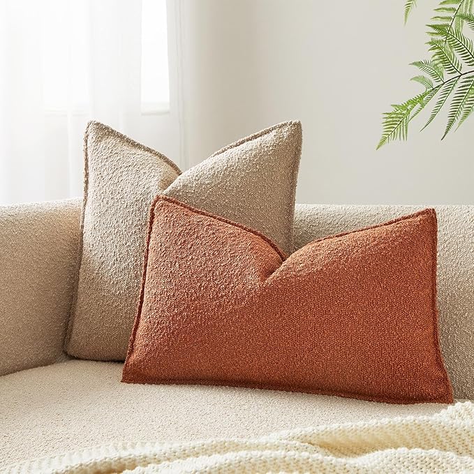 JUSPURBET Rust Decorative Pillow Covers 12x20 Set of 2 Throw Pillow Covers for Couch Sofa Bed Cozy Boucle Textured Lumbar Cushion Covers Cases with Hidden Zipper for Living Room Home Decor