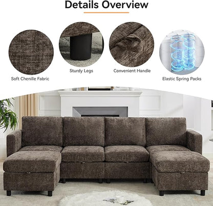 58'' Modular Sectional Loveseat Sofa, Modern Love Seat 2 Seater Sofa Couch with Storage, Chenille Modular Sectional Couch for Living Room, Bedroom, Office, Small Apartment, Brown