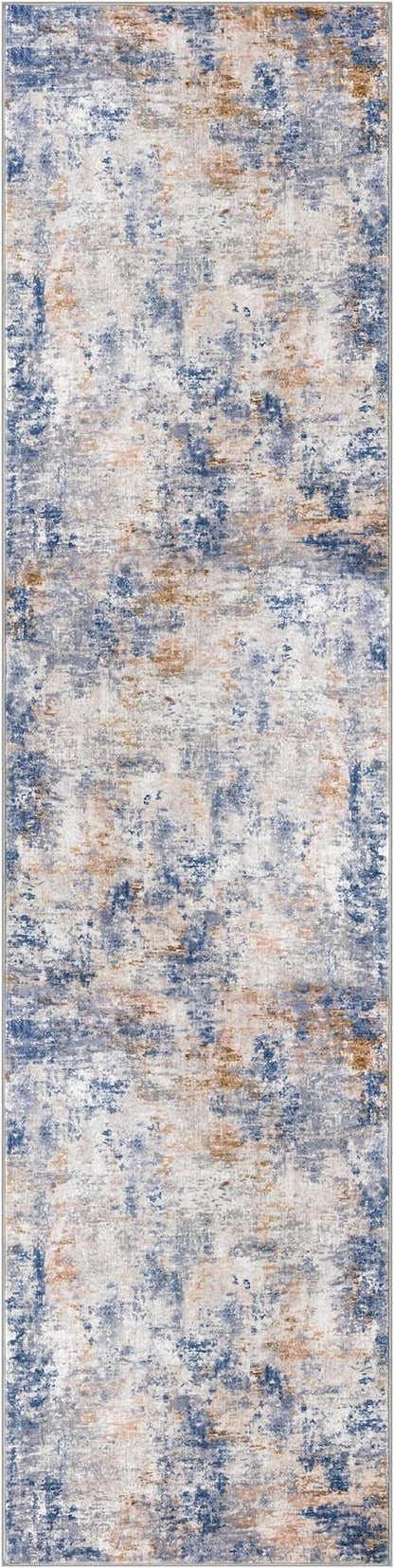 Modern Abstract Hallway Runner Rug, Grey Blue Orange Multi 2x8 Runner Rug, Washable Kitchen Runner Non-Slip Soft Thin Print Faux Wool Carpet for Entryway Bedroom Laundry Room Indoor