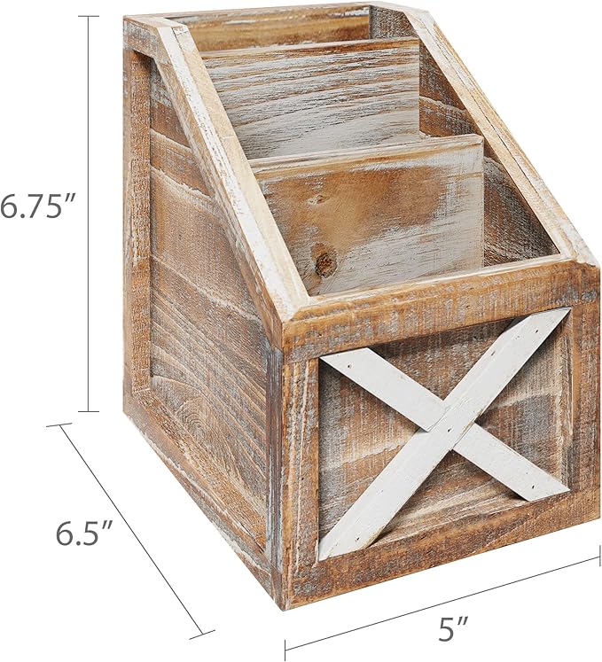 Barnyard Designs Rustic Vintage Wooden Desk Organizer Remotes Caddy Tabletop Desktop Office Supplies Desk Accessories Holder, 6.75" x 6.5” (White/Brown)