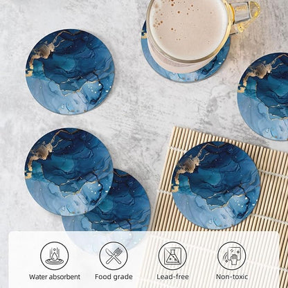 6 Pcs Ceramic Coasters with Holder Absorbent Drink Round Navy Blue Gold Marble Agate Style Design for Home Table Coffee Cup Wine Beer Bar,Size 4.4 inches