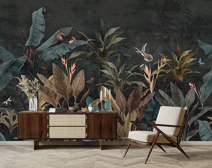 Tropical Botanical Wallpaper Dark Jungle Plant Leaf Wall Mural for Living Room Bedroom（Not Peel and Stick）