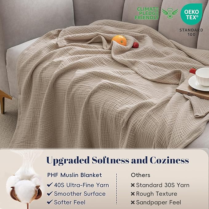 PHF 100% Cotton Muslin Blanket Twin XL Size 66"x90", 4-Layer Lightweight Gauze Throw, Breathable Cloud-Soft Minimalist Blanket for Bed, Couch, Camping & Baby, Taupe, Ideal Gift
