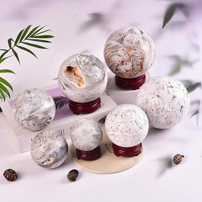 JIC Gem Large Mexican White Agate Crystal Sphere with Stand Gemstone Decorative Ball for Home Decor Altar Reiki Crystal Gift 80-90mm